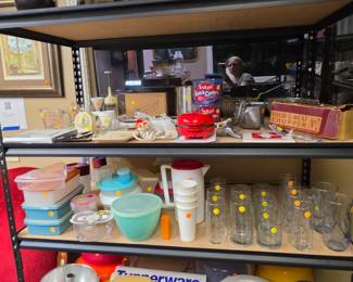 Drinking Glasses, Tupperware, Vintage Meat Grinder, and lots of Kitchen Odds and Ends