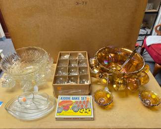 Punch Bowls and Punch Cups - Including Amber Carnival Glass Set
