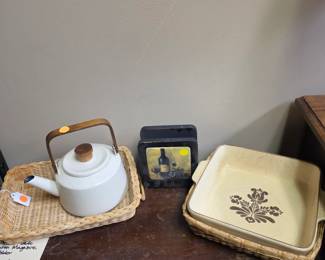 Serving Tray Baskets one with a Stoneware Dish, Teapot, Napkin Holder