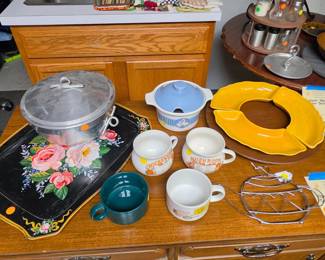 MCM Yellow Ceramic on Wood Base Lazy Susan, Vintage Floral Serving Tray, ans Soup Bowls
