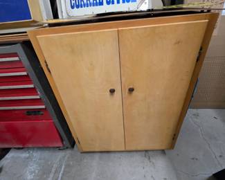 Excellent Condition Wood Garage Storage Cabinet with Metal Drawers on Casters (heavy but rolls very well!)