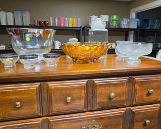 Amber Carnival Glass Bowl, Clear and Silver bowls, Large Jar Cannister