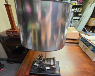 Vintage Silver Cast Iron Classic Automobile Table Lamp with Silver Shade