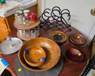 MCM Wood Bowls, Salt and Pepper Shakers, Lazy Susans, Wine Bottle Rack