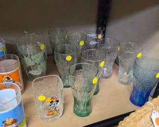 Vintage Coca-Cola Glasses - some clear, some green, one blue