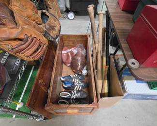Vintage Toy Box and Vintage Football Gear, Vintage Wood Baseball Bats