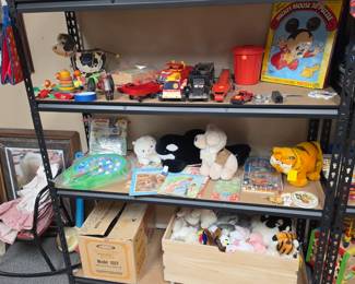 Vintage toys, plush animals, and an electric train