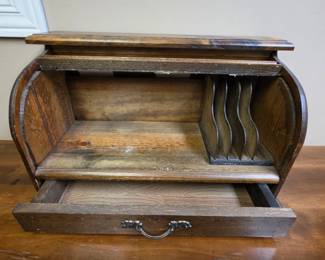 Inside of Vintage Office Table Top Roll-Top Storage Box w/ Drawer