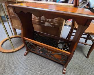 Vintage Magainze Rack Table with Burst Grain Pattern on top and Metal Accents