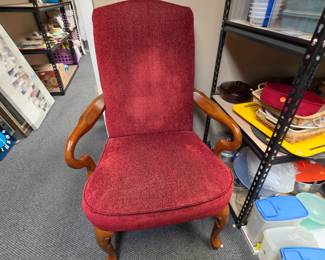 Red Upholstered Wood Arm Chair with Queen Anne Legs