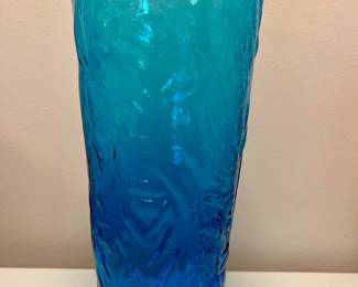 1950s Seneca Blue Glass Vase-Tropical Leaf