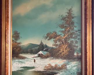 Winter Cabin Landscape Painting by A. Lynton