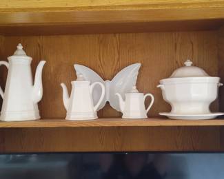 White Ceramic Teapot and Tureen Set with Butterfly Wall Decor