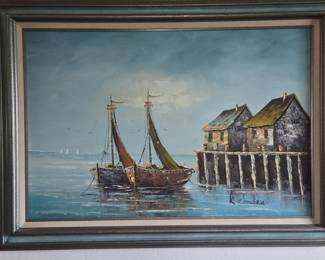 Seascape with Sailboats and Docks by R. Conden