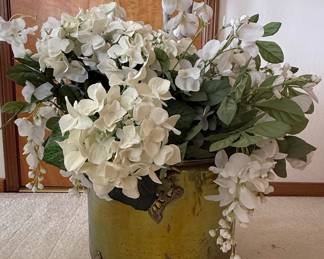 Artificial White Blossom Tree with Hydrangeas in a Decorative Planter