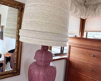 Large Carved Cinnabar Vase Lamp with Foo Dog Finial