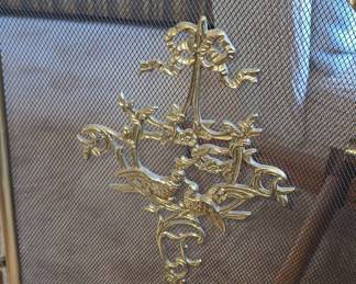 Ornate Brass French Provincial Style Fireplace Screen with Deer Motif
