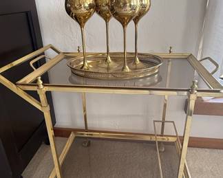 Brass and Glass Bar Cart with Tray and Goblets