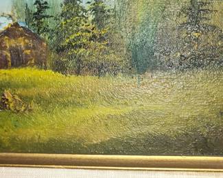 Bob Ross Style Mountain Cabin Landscape Oil Painting