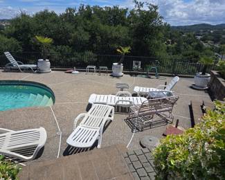 White Plastic Chaise Lounge Set with Matching Benches and Tables