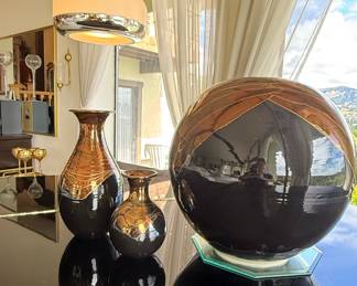 Large Art Deco Style Sphere Vase with Copper Inlay