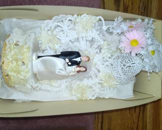 Vintage Bride and Groom Cake Topper with Decorative Accents