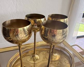 Set of Four Vintage Indian Brass Goblets with Floral Engraving