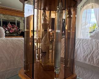 Don Ward Etched Amber Glass Panel Wood Brass Table Lamp