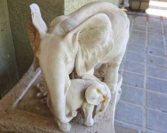 Vintage Concrete Elephant Mother and Calf Garden Statue