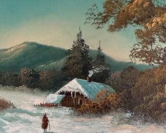 Winter Cabin Landscape Painting by A. Lynton