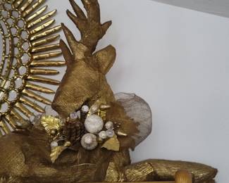 Gold Faux Fur Reindeer Christmas Decoration with Pinecones and Baubles
