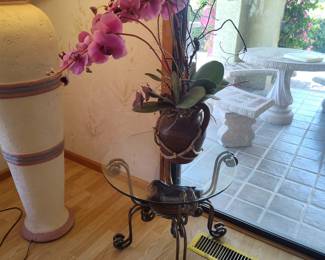 Hollywood Regency Style Ornate Metal and Glass Accent Table with Artificial Orchid Arrangement