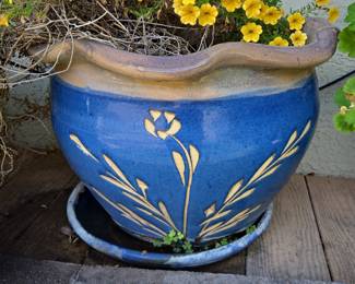 Blue Ceramic Planter with Floral Motif