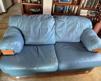 Pale Blue Leather Loveseat