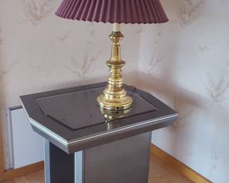 Brass Table Lamp with Pleated Fabric Shade and Modern Side Table