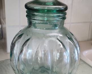 Vintage Green Glass "Pumpkin" Apothecary Jar with Lid