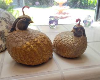 Pair of Ceramic Quail Figurines, Gold Finish