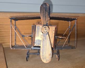 Vintage Metal Biplane Model with Distressed Copper and Black Finish