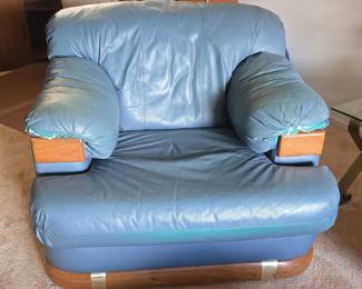 Blue Leather Armchair with Wood Accents