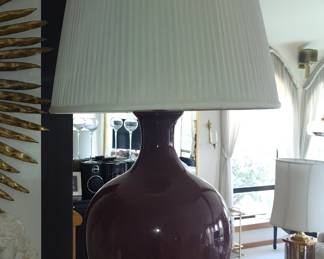 Large Plum Glazed Ceramic Table Lamp with Pleated Shade