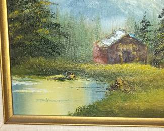 Bob Ross Style Mountain Cabin Landscape Oil Painting