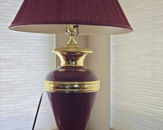 Vintage Burgundy Ceramic Table Lamp with Brass Accents