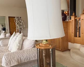Don Ward Etched Amber Glass Panel Wood Brass Table Lamp