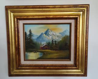 Bob Ross Style Mountain Cabin Landscape Oil Painting