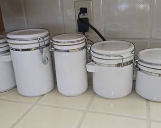 Set of 5 White Ceramic Canister Jars with Silver-Tone Metal Lids and Clasps
