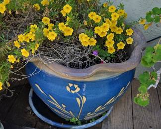 Blue Ceramic Planter with Floral Motif
