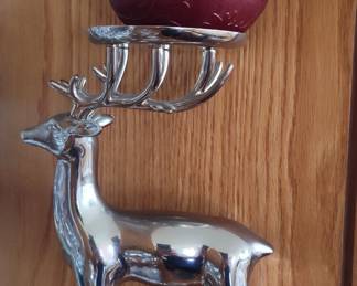 Pottery Barn Silver-Plated Deer Candelabra with Red Orb Candle