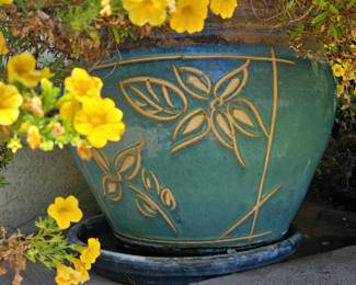 Large Decorative Ceramic Planter with Embossed Floral Motif