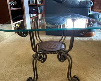 Vintage Wrought Iron and Glass Coffee Table with Cane Accent