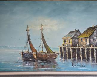 Seascape with Sailboats and Docks by R. Conden